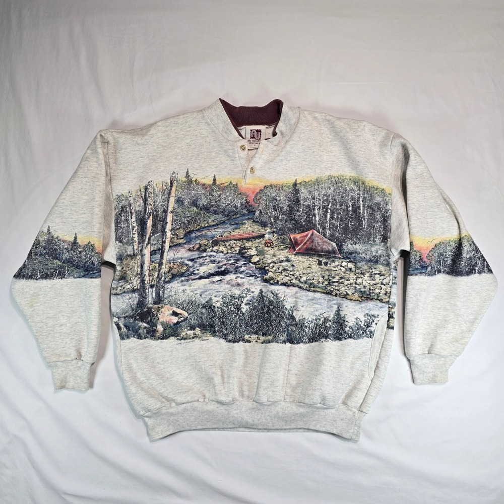 Art Unlimited Sportswear Vintage Nature Graphic Henley Sweatshirt Gray Large